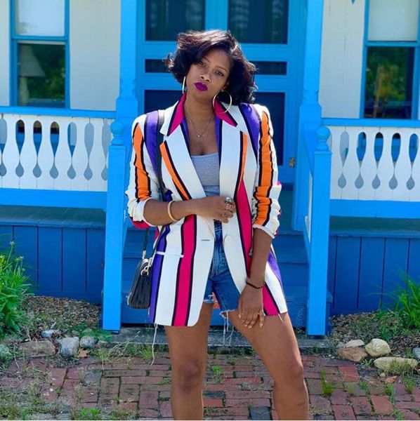 

long sleeve lapel female coat colorful striped small suit korean fashion 2020 autumn temperament professional women's jacket, White;black