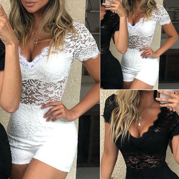 

women 2020 summer elegant party rompers lace v-neck short sleeve playsuits streetwear1, Black;white