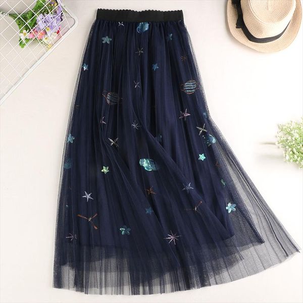 

universe star embroidery women tulle skirt spring summer mesh long a line korean 2021 new high waist slender star feather, Black