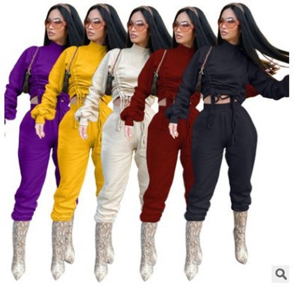 

5 colors women jumpsuits vestido pure color high waist fashion casual drawstring long sleeve sweater sports 2 piece suit, White