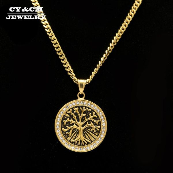 

pendant necklaces cy&cm vintage celtic tree of life necklace rhinestone iced out bling hip hop gold color stainless steel men women gift, Silver