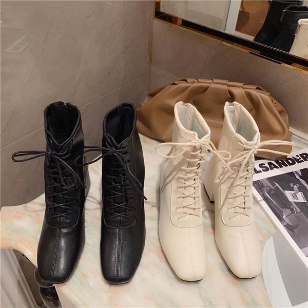 

2020 luxury women chunky high heels ankle boots leather winter warm fur short plush square toe zipper lace up gladiator boots, Black
