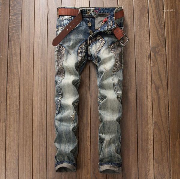 

european punk style men vintage bronzed jeans mens slim denim trousers jeans straight moto & biker hole pants for men1, Blue