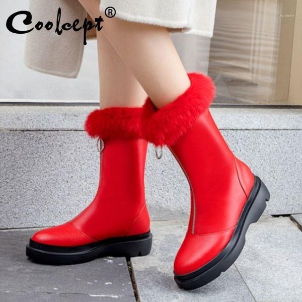 

coolcept women mid calf snow boots plush fur round toe front zipper shoes winter warm boots women fashion footwear size 33-401, Black