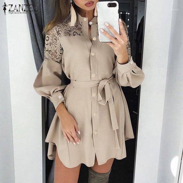 

fashion women lace crochet mini dress zanzea summer long sleeve solid shirt dress casual lace up sundress robe party vestido1, Black;gray