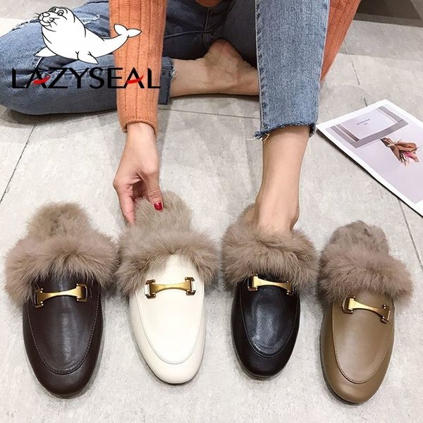 

lazyseal winter new real fur metal buckle mules women shoes loafers pregnant shoes women furry slides fluffy hairy flip flops y201026, Black