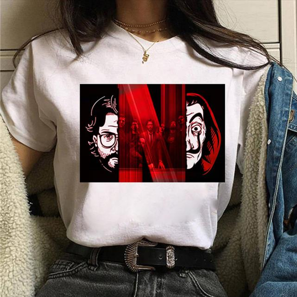 

дом бумаги футболка новых денег heist женщин la casa de papel tshirt смешно топ футболки моды t, White