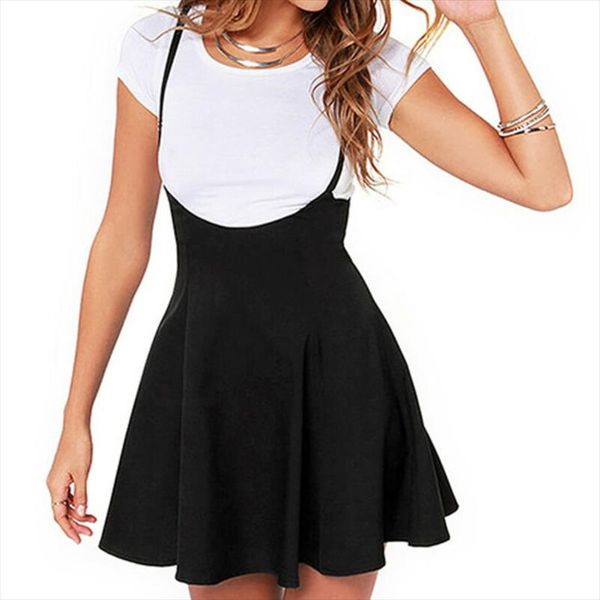 

solid casual summer women mini suspender skater high waisted pleated adjustable strap dress plus size s 2xl, Black;gray