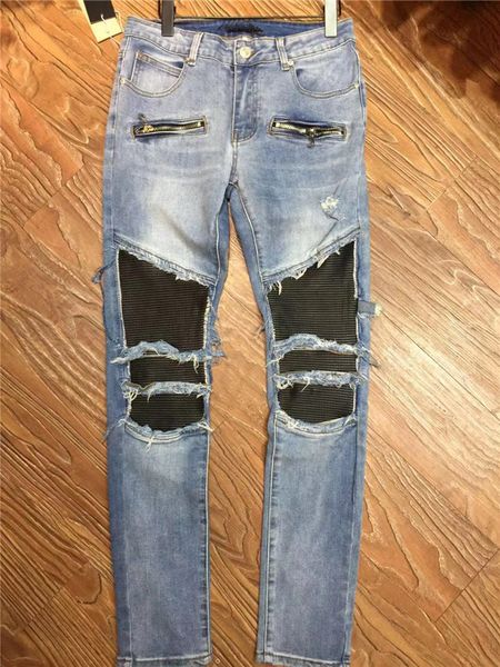 

new design jeans leather patch mens jeans blue skinny spliced ripped jeans high street destroyed biker denim pants size 29-4