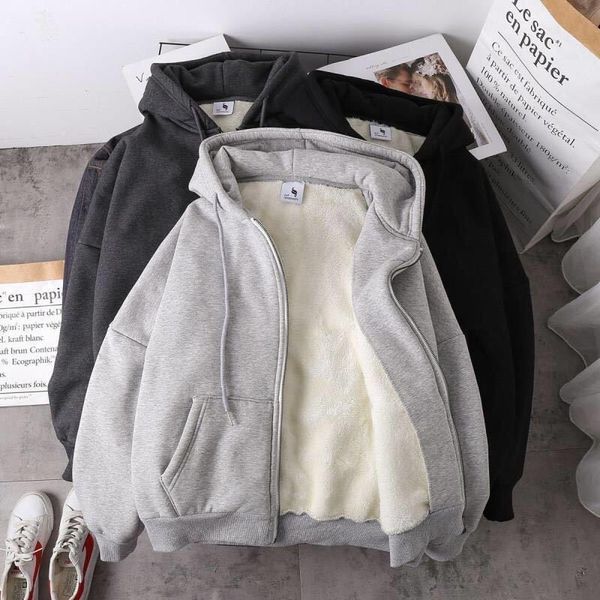 

autumn winter plush coat female student hooded sweater imitation lamb wool korean version loose and versatile cardigan fashion, Black
