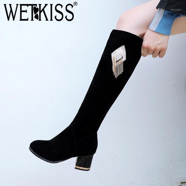 

boots wetkiss red crystal knee round toe thick high heel shoes metal decor fashion female non slip zip long1, Black