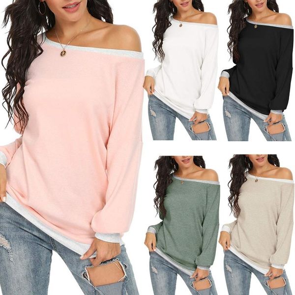 

women long sleeve color block t shirt o-neck drop shoulder loose tunic tios 28gb, White