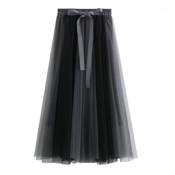 

2021 spring summer mesh tulle skirt women preppy style high waist patchwork school girls lolita vintage long tutu skirt female1, Black