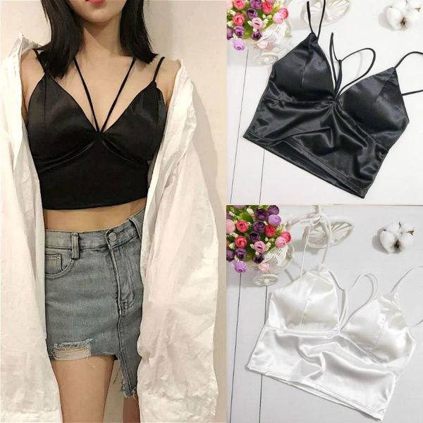 

2021 summer satin crop women bralette bustier bra vest shirt v neck ladies black white camis shirts female camisole