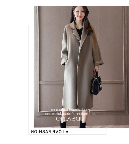 

long woolen coat women autumn winter work solid vintage winter office long sleeve button jacket coat, Black