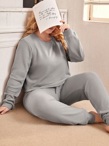 

plus waffle knit & pants pj set 82uf#, Black;white