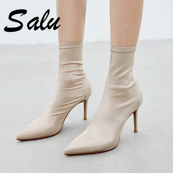 

boots salu 2021 silk leather shoes women ankle brand pointed toe slip-on spring autumn black size 33 39 40