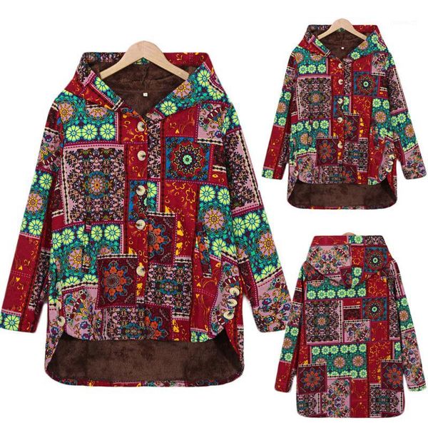

plus size s-5xl women winter warm vintage floral printed thicker button casual coat outwear chaqueta mujer casaco feminino1, Black