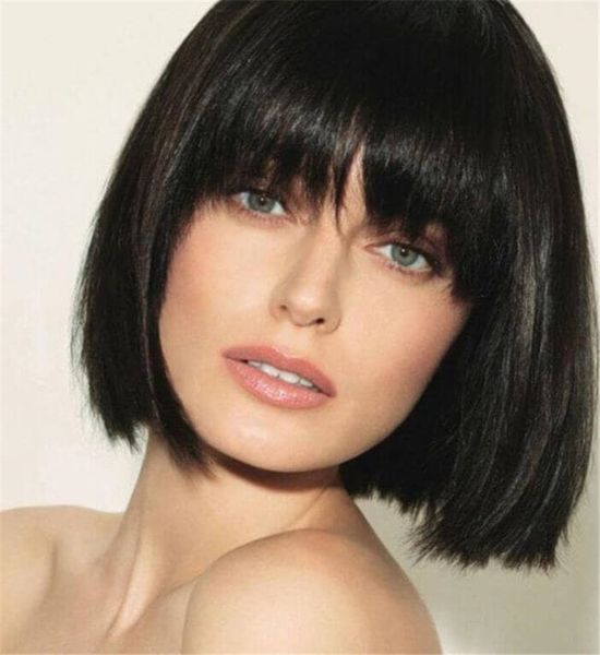 

black bang hair womens capless wigs fashion womens straight bang human hair wig perruques de cheveux humains 11inch, Black;brown