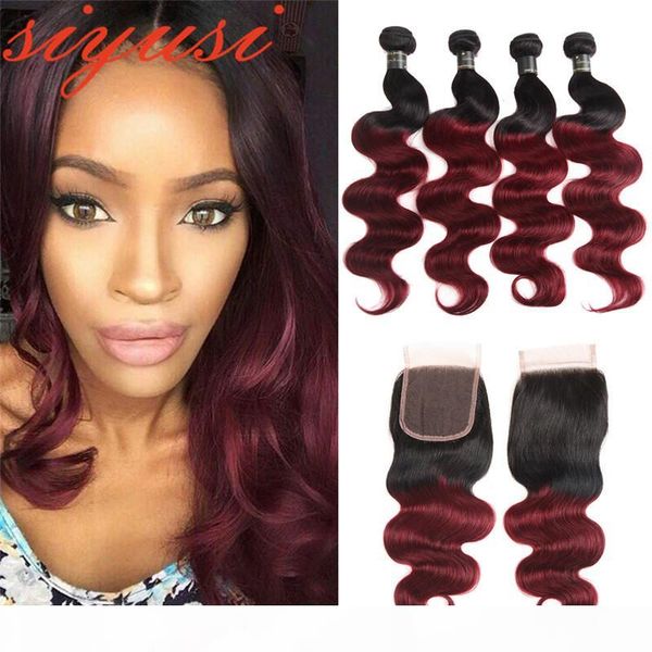 

ombre 1b 99j burgundy human hair bundles with closure red color malaysian body wave human hair weave 3 bundles with lace closure, Black;brown