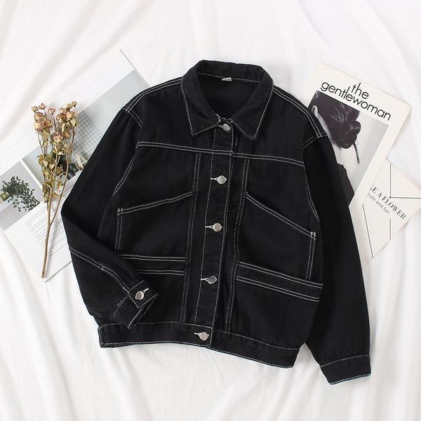 

women's jackets vintage black denim jacket women spring autumn large size loose lapel long sleeve jeans basic coat outerwear female, Black;brown