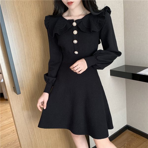 

new 2021 spring vintage girl doll collar button high elegant ladies lantern sleeve dress y249 k50n bm9s, Black;gray