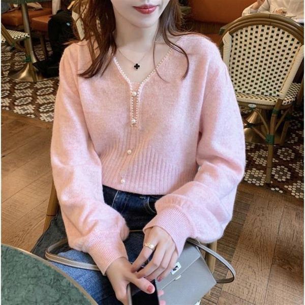

new 2021 spring with neckline v pearl mesh button loose long fine pink elegant woman's sweater y512 vfyb ld63, White;black