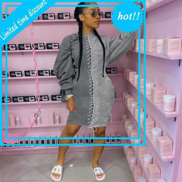 

stylish women mouw sweater patchwork lace-up long ladies retrieve lent slim fit casual dress streetwear, Black