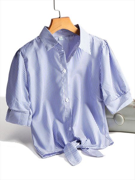 

chic style women striped shirts fashion crop white blouse all match blue shirts female blusas 2020 summer plus size