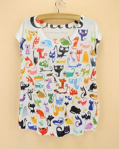 

doodle cats print tshirt ladies novelty pattern t-shirts womens fashion summer tee big size tees short sleeved clothing, White
