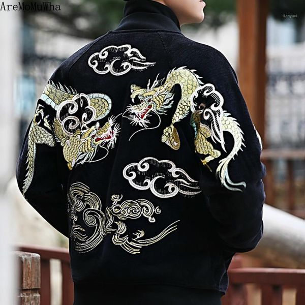 

aremomuwha autumn and winter chinese style dragon robe embroidery cotton jacket cotton jacket men velvet baseball qx14311, Black