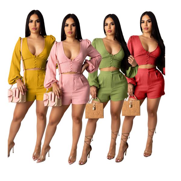 

wholesale custom wrinkle women's clothing slim low-cut v-neck puff sleeve pants suit fashion solid color two-piece set, Gray