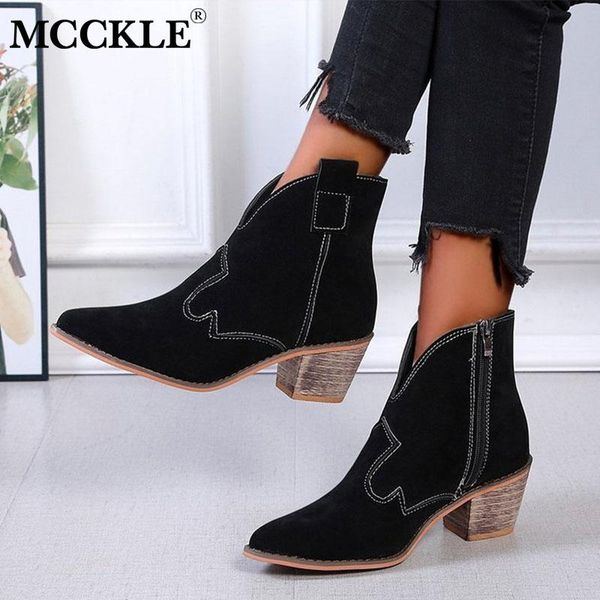 

mcckle 2020 women boots shoes female chunky heels ankle boots ladies zipper platform sewing shoes plus size autumn new fashion, Black