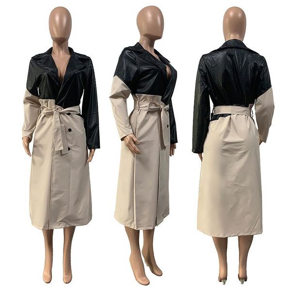 

haoohu 2021 winter new women's faux leather jackets fashion trends elegant patchwork long sleeve slim x-long leather coat jacket, Black
