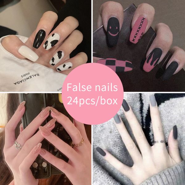 

24pcs/box full cover fake short nails short flame nails ladies press on designed false nails tips overhead without glue, Red;gold