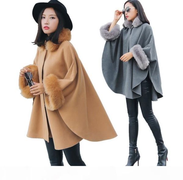 

2018 women winter wool poncho and capes with faux fox fur stand collar overcoat flare sleeve button cardigan s-3xl, Black