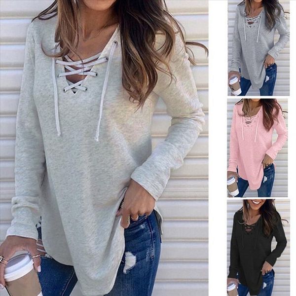 

2020 long sleeve basic t shirts women deep v neck bandage lace up tees female spring autumn fashion tshirts, White