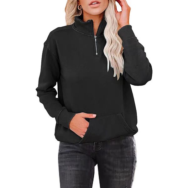 

women hoodies casual long sleeve quarter zip sweatshirts stand collar pullover tunics with pocket plus size s-5xl, Black