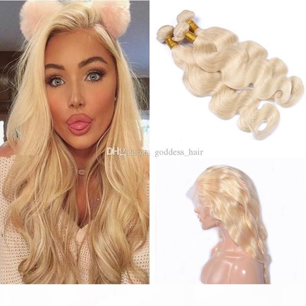 

blonde 613 pre plucked 360 lace band frontal with hair weft malaysian body wave hair bundles with 360 full lace frontal 22.5x4x2, Black;brown