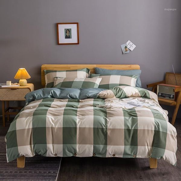 

green big plaid bedding set button decorate duvet cover japan style bed linen duvet cover pillowcase bed sheets set1