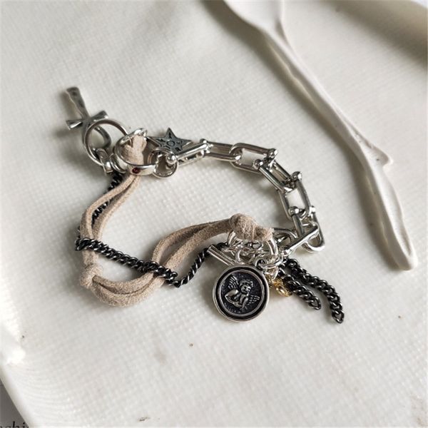 

ruiyi 925 sterling silver women gun black weaving chain bracelet vintage corss angel ot buckle girl fashion bracelets q1210