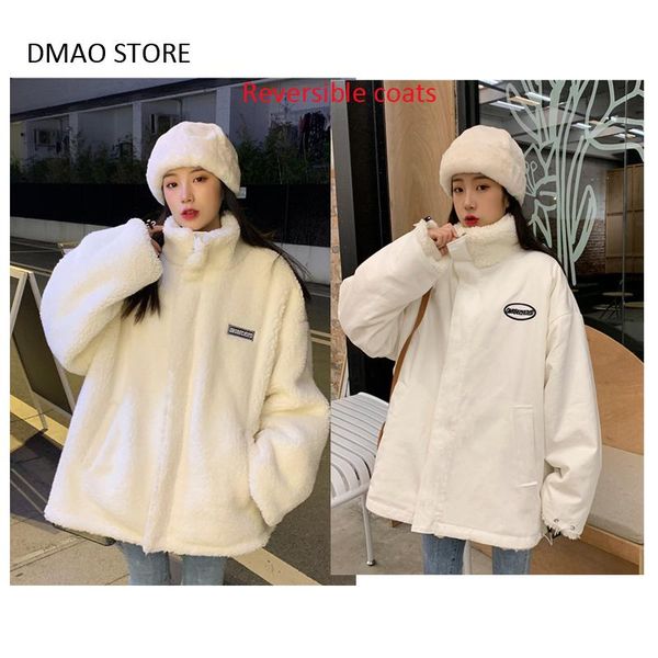 

2020 coat winter women white lamb wool jackets reversible thicker parkas outwear faux fur female jacket, Black