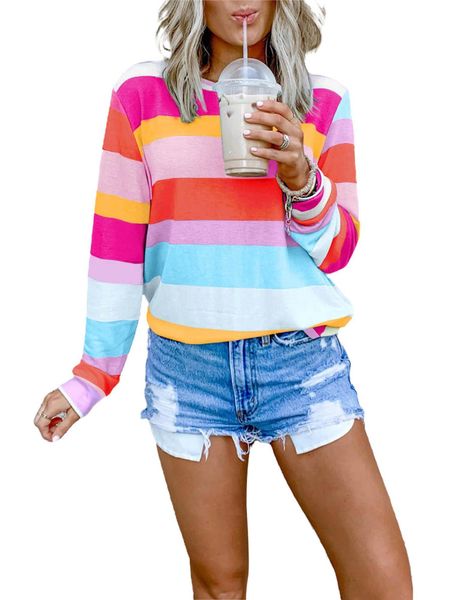 

women long sleeve color horizontal stripes classic round neck spring and autumn clothing drop shipping good quality, White