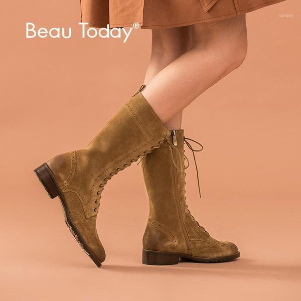 

boots beautoday mid-calf women brogues cow suede wingtip round toe lace-up genuine leather lady winter handmade 020231, Black