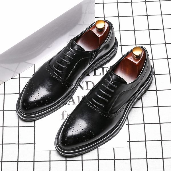 

style of korean casual men formal office dress in genuine leather shoes brogues chaussure homme man shoe j4xe, Black