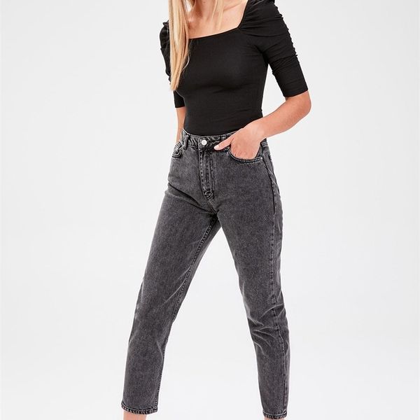 

trendyol anthracite normal waist mom jeans twoaw20je0053 y200417, Blue