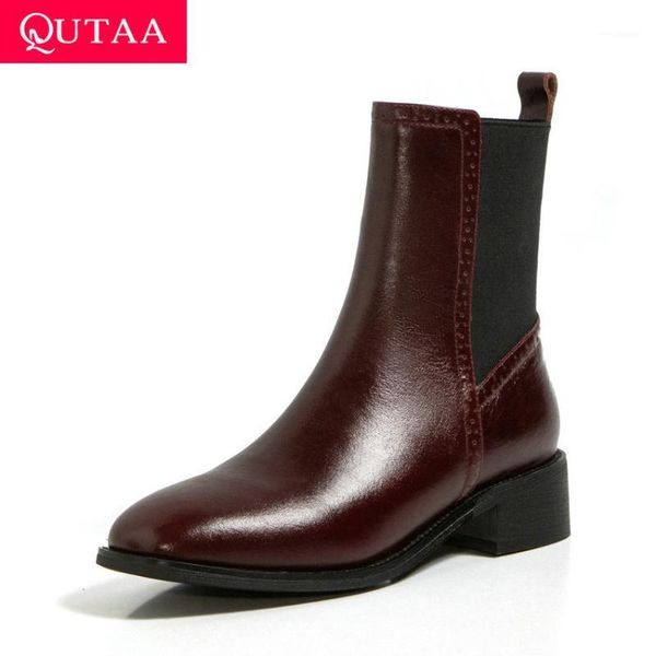 

qutaa 2021 genuine leather slip on ankle boots retro square toe women shoes autumn winter square heel short boots size 34-391, Black