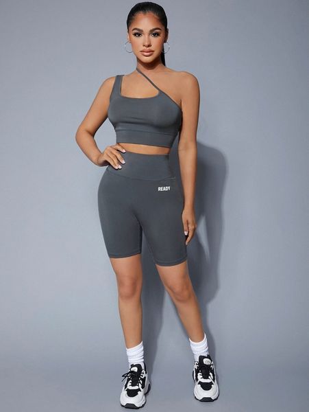 

sxy one shoulder & letter graphic biker shorts set 75rc#, White