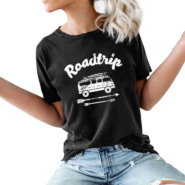 

risjc women's car letter printed round neck short sleeve t-shirt, Black;brown