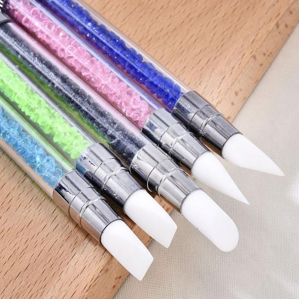 

1 pcs dual-ended sile head carving dotting pen nail art brushes rhinestone crystal handle tool for diy gel manicu qylnfq, Silver
